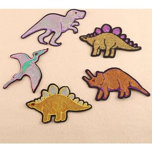 Sequined Dinosaur Patches for Clothing Bags DIY Sew Sticker Applique Stripes Iron on Animals Patches Clothes Accessories