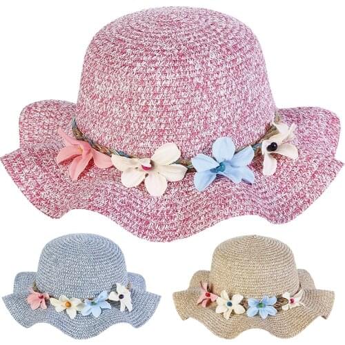 2019 New Summer Baby Straw Sun Hat Flower Breathable Kids Hats Boy Girls Caps Brand Toddler Princess Floral Ruffle Side Cap