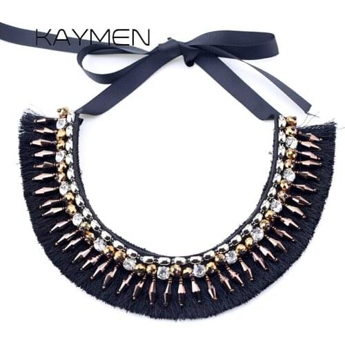 KAYMEN Handmade Crystal Necklace Womens Fabric With Rhinestone Tassels Necklace Bohemia Style Party Prom Jewelry 3 Colors 1618