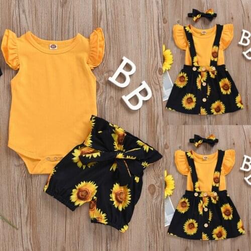 Infant Baby Girls Kid Petal Sleeve Romper Cotton Tops Sunflower Bow Shorts Strap Skirts Clothes