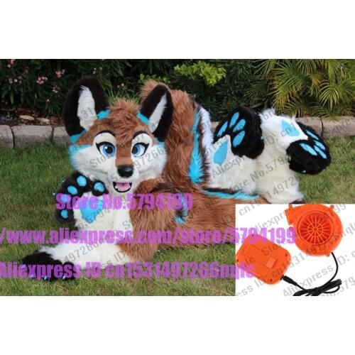 Brown Blue Long Fur Fox Husky Dog Wolf Fursuit Mascot Costume Furry Suit Adult wolf + Free Postage + Free fans +Free Logo