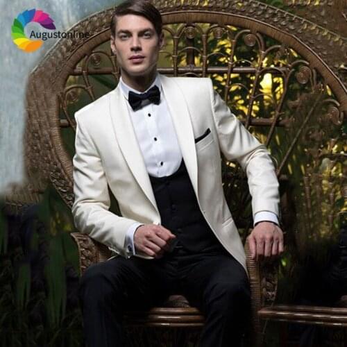 Ivory Wedding Suits for Men Shawl Lapel Tailored Groomsmen Suit Slim Fit Groom Tuxedo Casual Man Blazers 3Piece Jacket Pant Vest