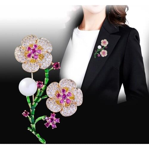 OKILY Luxurious Plum Blossom with Pearl Brooch Pin Delicate Enamel Flower Floral Pins and Brooches for Women Valentines Gift