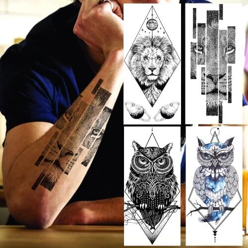 Creative Lion Owl Realistic Temporary Tattoos For Men Boys Mountain Fake Tattoo Women Geometric Tatoo Body Art Drawing Hands