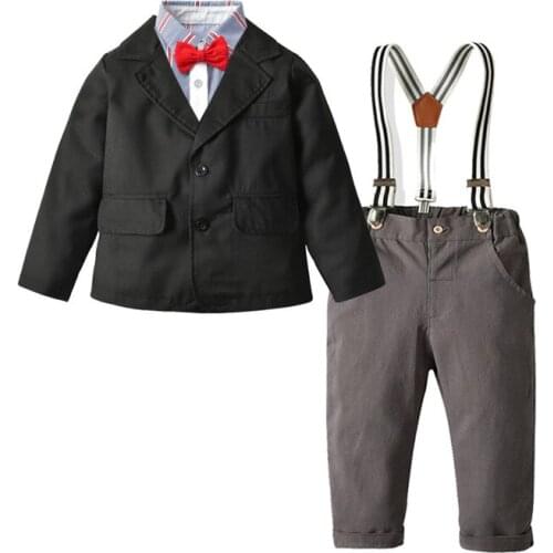 Toddler Kids Blazers Autumn Children Clothing Baby Boys Suits Gentleman Sets Long Sleeve Shirt Coat Overalls Tie Outfits Clothes