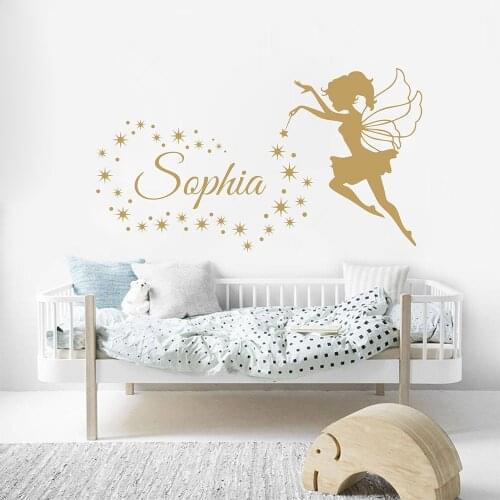 Custom Name Fairy Angel Stars Wall Decal Personalized Nursery Babys Name Vinyl Removable Sticker Kids Bedroom Decoration B310