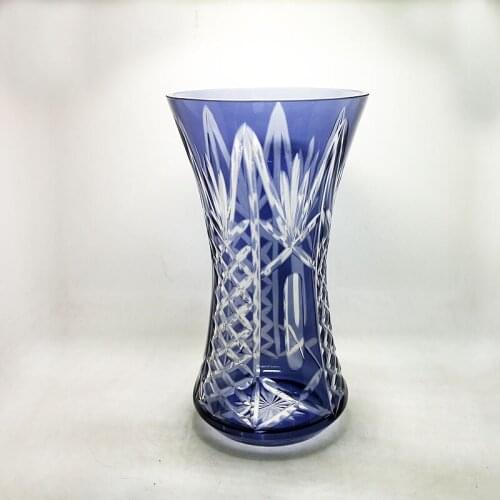 Bohemian Czech Glass Elegant Cobalt Blue Cut To Clear Crystal Art Deco Flower Vase