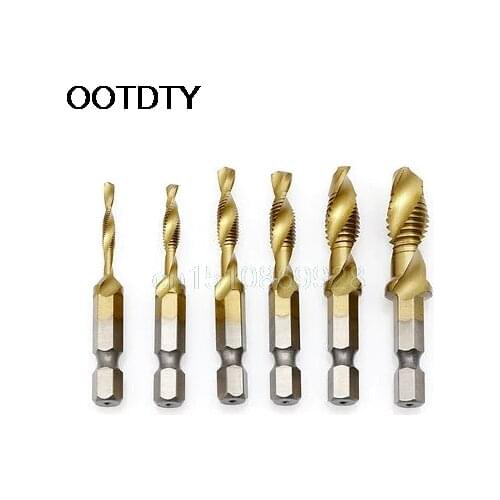 6 x M3-M10 Hex Shank Titanium Plated HSS Hand Screw Thread Metric Tap Drill Bits