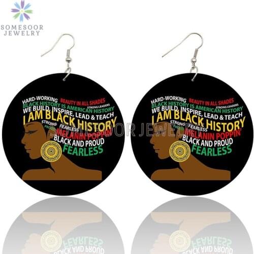 SOMESOOR I Am Black History Poppin Melanin Wooden Drop Earrings Inspired Afro Natural Hair Loops Dangle Jewelry For Women Gifts