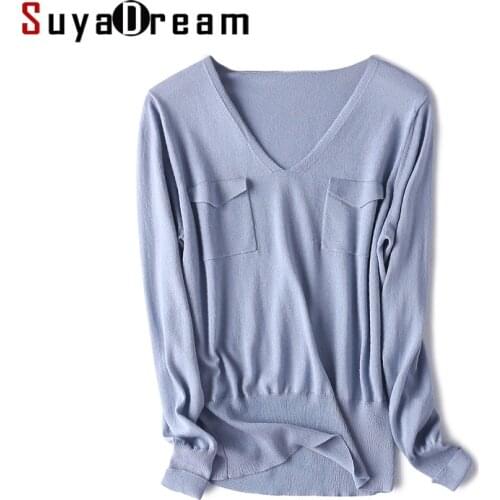 SuyaDream Women Wool Pullovers 85%Silk 15%Cashmere V neck Long Sleeved Solid Sweater 2020 Fall Winter Bottomting Wool Sweaters