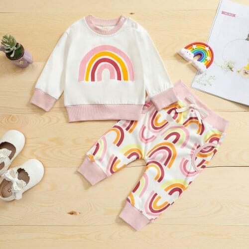 FOCUSNORM 6 Style Autumn Baby Girls Boys Clothes Sets 2pcs Rainbow/Flowers/Leopard Sweatshirt Tops Long Pants 0-3Y