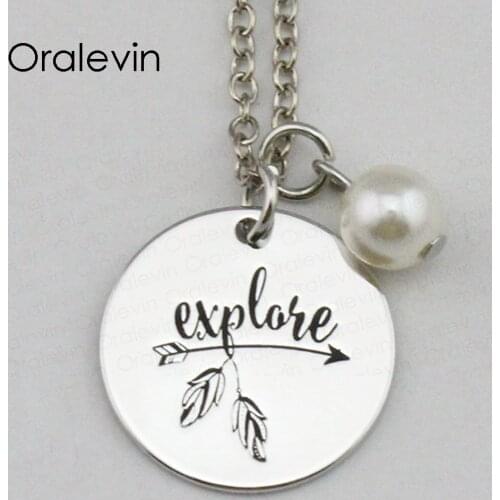 EXPLORE Inspirational Hand Stamped Engraved Charm Custom Pendant Link Chain Necklace Handmad Jewelry,18Inch,10Pcs/Lot, #LN2292