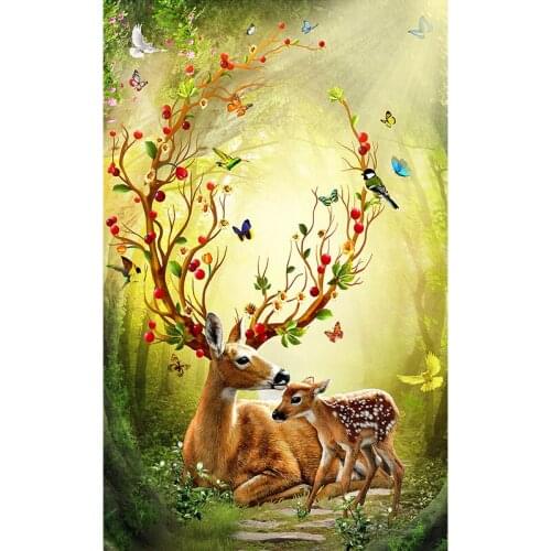 Deer Mother and Child Needlework,DIY Living Room Printed Cross Stitch,Sets For Embroidery Kit Full Cross-Stitching Silk Thread