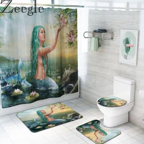 Zeegle Mermaid Shower Curtain and Bath Mat Set Ocean Sea Fish Waterproof Bathroom Curtain Nonslip Toilet Lid Cover Bath Rugs