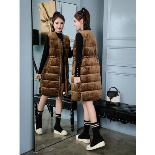 L-3XL Womens Winter Long Vest 2021 New Thickened Warm Down Cotton Waistcoat Women Golden Velvet Sleeveless Coat