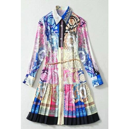 Latest High Quality Paris Fashion Show 2021 Spring Lady Long Sleeve Retro Print Pleated Shirt Dress