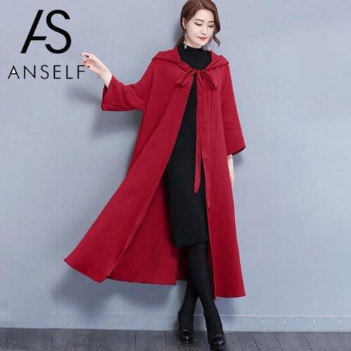 Women Vintage Long Hooded Cape Coat Pure Color Hooded Neck Long Sleeves Pockets Poncho Cloak Coat Plus Size Windbreaker Overcoat