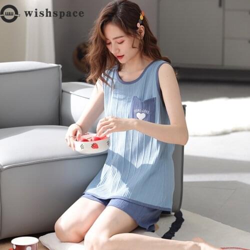 Vest Pajamas Women Sleeveless Summer Cotton Shorts Summer Two-piece Pure Color Thin Girl Leisurewear Fat MM Big Yards