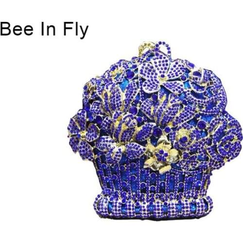 Gold & Dark Blue Crystal Clutches Bag Two Side Color Evening Party Minaudiere Box Clutch Purse Bridal Flower Rhinestones Handbag