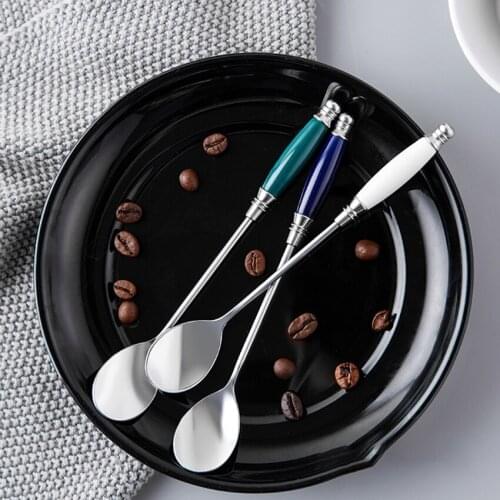 1pcs Stainless Steel Spoon Creative Reusable Drinking Milk Tea Juice Spoon Ceramic Handle Coffee Spoons for Restaurant tool