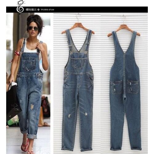 2020 New Women Summer Hole Jumpsuit Straps Denim Jeans Bib Pants Overalls Rompers Solid Color Leisure Time Versatile