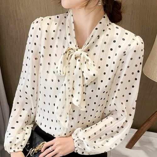 Spring Long Sleeve Dot Chiffon Blouse Shirt Tops Blusas Mujer De Moda 2021 Bow V-Neck Blouse Women Tops Blusa Women Blouses E328
