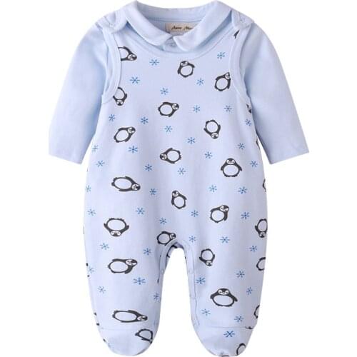 Cute Penguin Baby Fall Clothes Set Long-Sleeved Bodysuit with Overall Cotton Unisex Infant Clothes Outfit