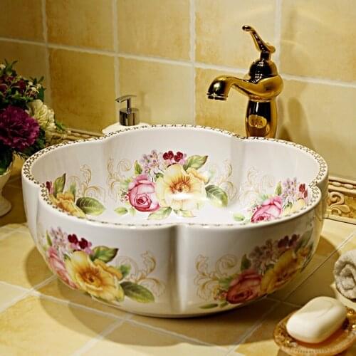 Bathroom Ceramic Counter Top Wash Basin Cloakroom Hand Painted Vessel Sink flower peony art ceramic wash basin bathroom sink