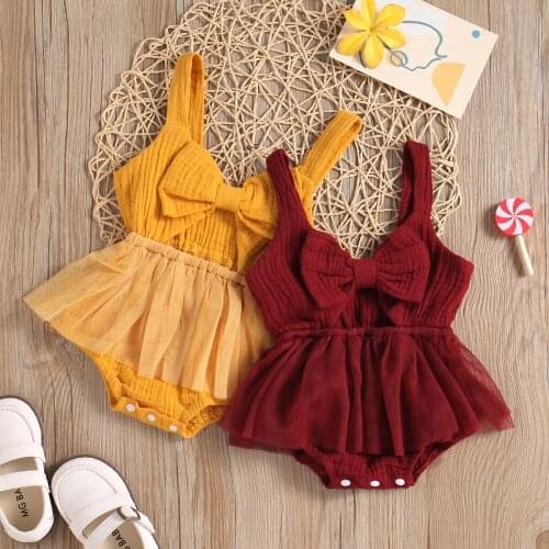 Baby Summer Jumpsuit Girls Solid Color Strappy V-Neck Sleeveless Bowknot Romper Skirt for Toddlers 0-24 Months