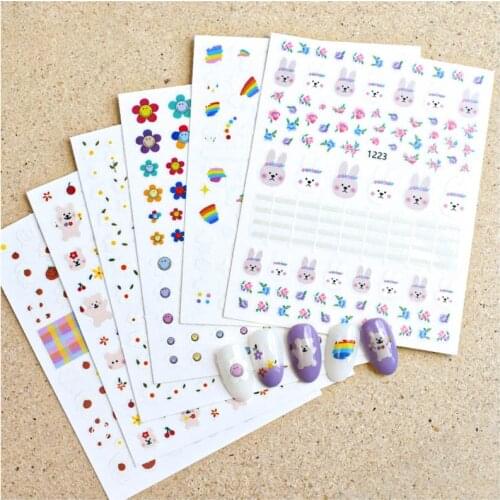 Summer nail art sticker cute rabbit sunflowers cloud fruit image white nail foils self glue nail strips YJ038
