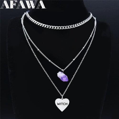 Witchcraft 3 Layers Stainless Steel Purple Crystal Astrology Sun Moon Stars Necklace Women Silver Color Jewelry collier NXS02