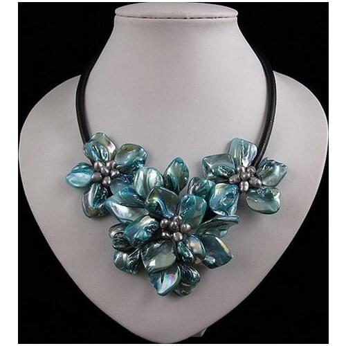 Unique Pearls jewellery Store,Blue Color Shell Real Freshwater Pearl Black Rope Leather Necklace Handmade Flower Jewelry