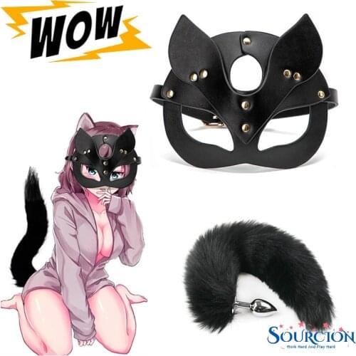 Sourcion Cosplay Fox Mask Tail Anal Plug Metal Anus Bead Butt Plug Half Cat Mask Party Sexy Adult Stimulator Sex Toys for Women
