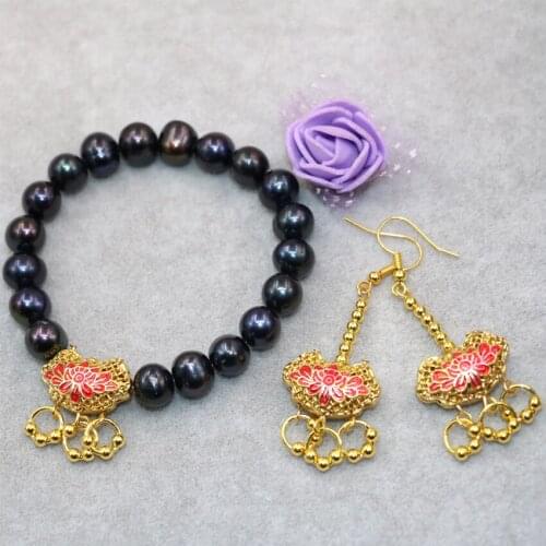 Fashion 9-10mm natural black pearl beads dangle earrings strand beaded bracelets for women cloisonne jewelry set 7.5inch B3027