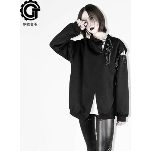 Punk Fashion Sweatshirt Women Black Casual Tops Holes Cross Ties Neck Oversized Hoodie