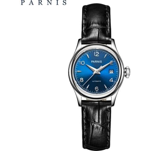 Fashion Parnis 27mm Womens Watch Blue Dial Silver Case Sapphire Crystal Automatic Mechanical Movement Leather Ladies Watches