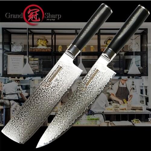 Grandsharp 2 Pcs Damascus Kitchen Knife Set Chef Nakiri VG10 Japanese Damascus Steel Knife Cleaver Cooking Tools with Gift Box