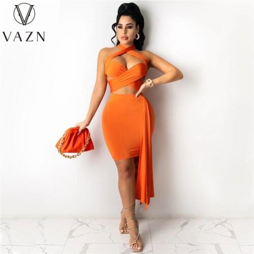 VAZN 2021 New Sexy Night Club Set Open Solid Bandage Halter Sleeveless Midi Skirts High Waist Skinny Women 2 Piece Set