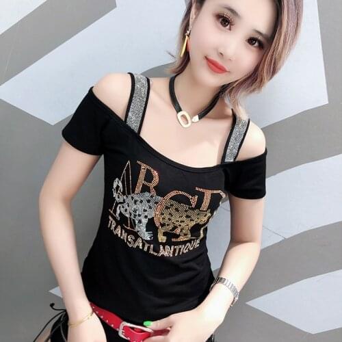 Summer Casual T-shirt Fashion Diamond Short sleeve One word collar Top 2021 Women T Shirt Plus Size M-3XL