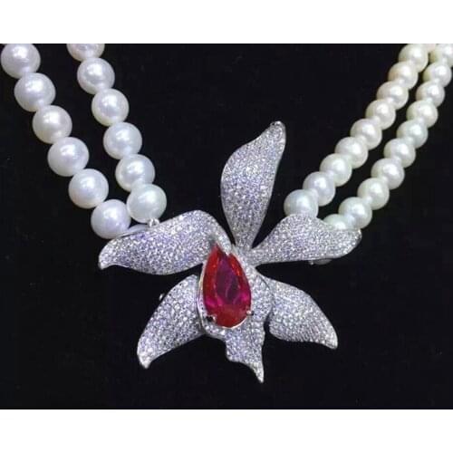 Luxury multi-stone zircon flower connector 2row 8-9mm White freshwater Pearl Necklace
