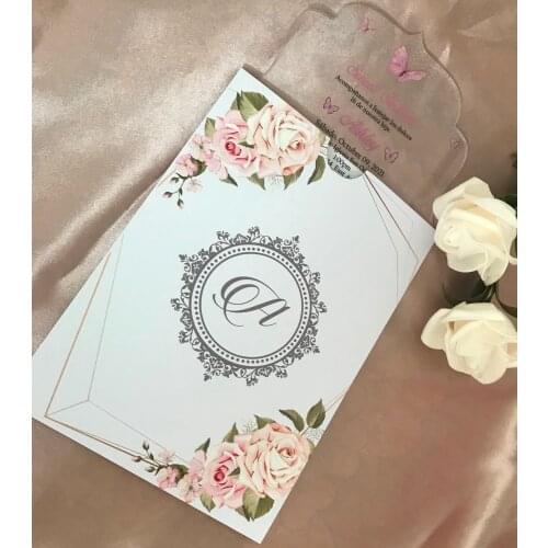 Silver Initials,Rose Flowers Pocket Envelopes,10pcs Custom Quinceanera Invitations,Acrylic Event invitations,Baptism invitations