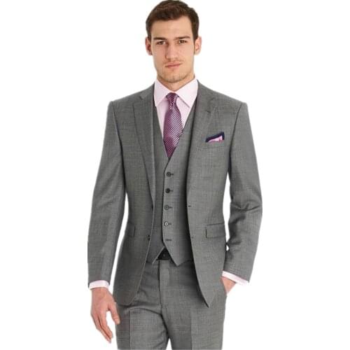Custom Slim Fit Side Slit Light Gray Two Buttons Notch Lapel Groom Tuxedos Men Suits Man Business Suit Jacket+Pant+vest homme