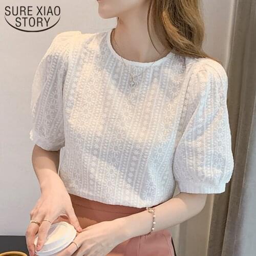 Korean Embroidery Floral Blouse Women Summer New Sweet Loose Lace Shirt Womens 2021 Short Sleeve O Neck Casual White Tops 15217