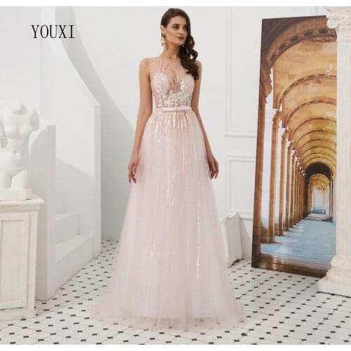 Gorgeous A-Line Evening Dresses 2019 Vestido de Festa Prom Gown Floor Length Tulle Beaded Abendkleider Dubai Formal Dress