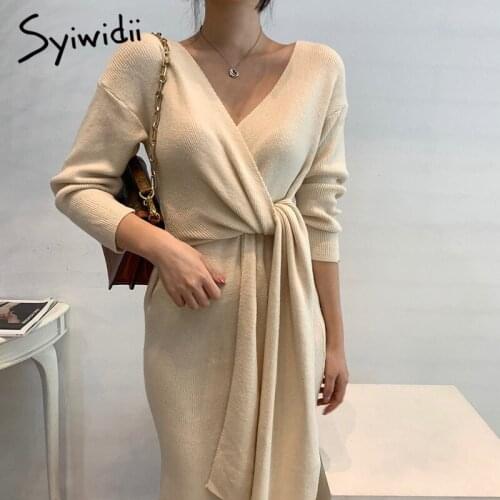 Syiwidii Elegant Knit Dresses for Women Fall Winter 2021 Fashion New Long Sleeve V Neck A Line Sweater Midi Dress with Side Belt