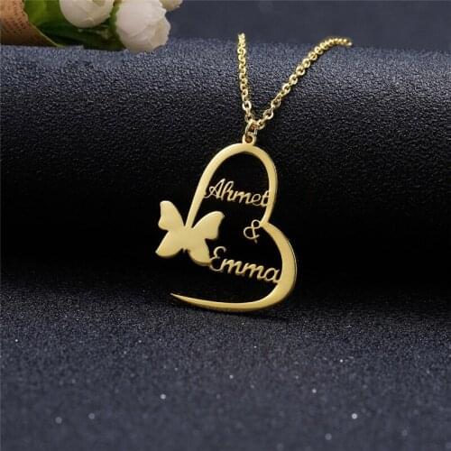 Handmade Jewelry Custom Two Names Heart Statement Necklaces Butterfly Pendant Charm Collier Femme Personalized Bridesmaid Gift