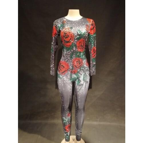 Womens Birthday Celebrate Dance Party Bodysuit Sparkly Rhinestones Black Jumpsuit Rose Flowers Clothes Stage Wear 1pcs Leggings