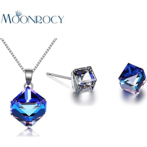 MOONROCY Fashion Silver Color Be Blue Square Crystal Necklace and Earrings Jewelry Set Wholesale for Women Gift Drop Shipping