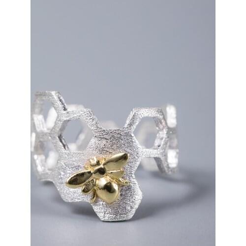 VLA Real 925 Silver Personalized Design Beehive Ring Womens Creative Lovely Bee Opening Ring Adjustable Size Jewelry