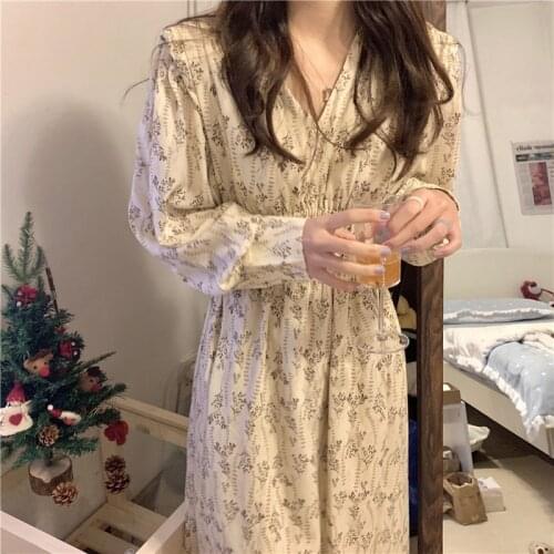 2021 New Women Spring V Neck Vintage Long Chiffon Floral Dress Elastic High Waist A-line Full Sleeve